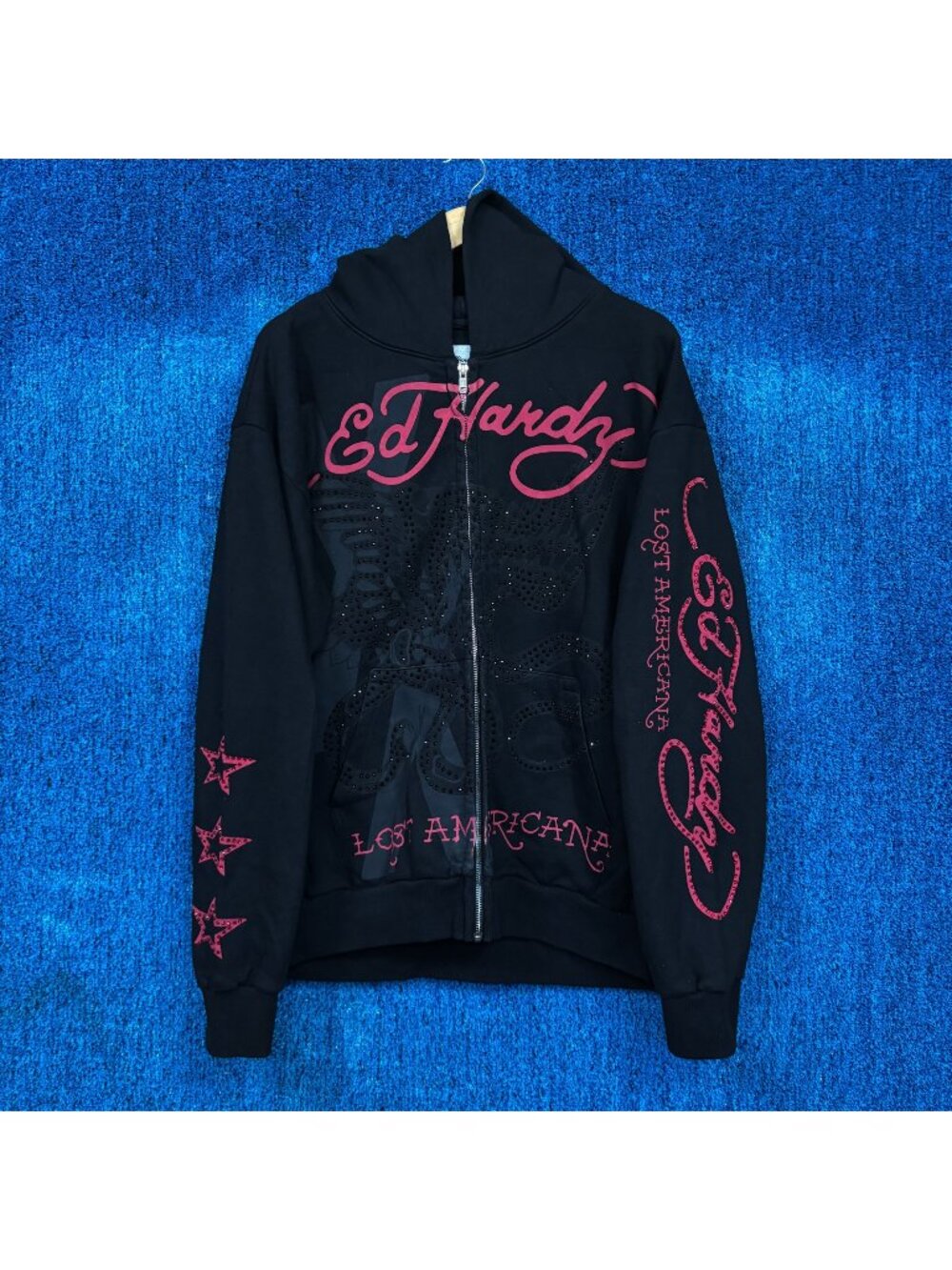 Ed Hardy x Lost Americana Flames Rhinestone Zip-Up Hoodie L